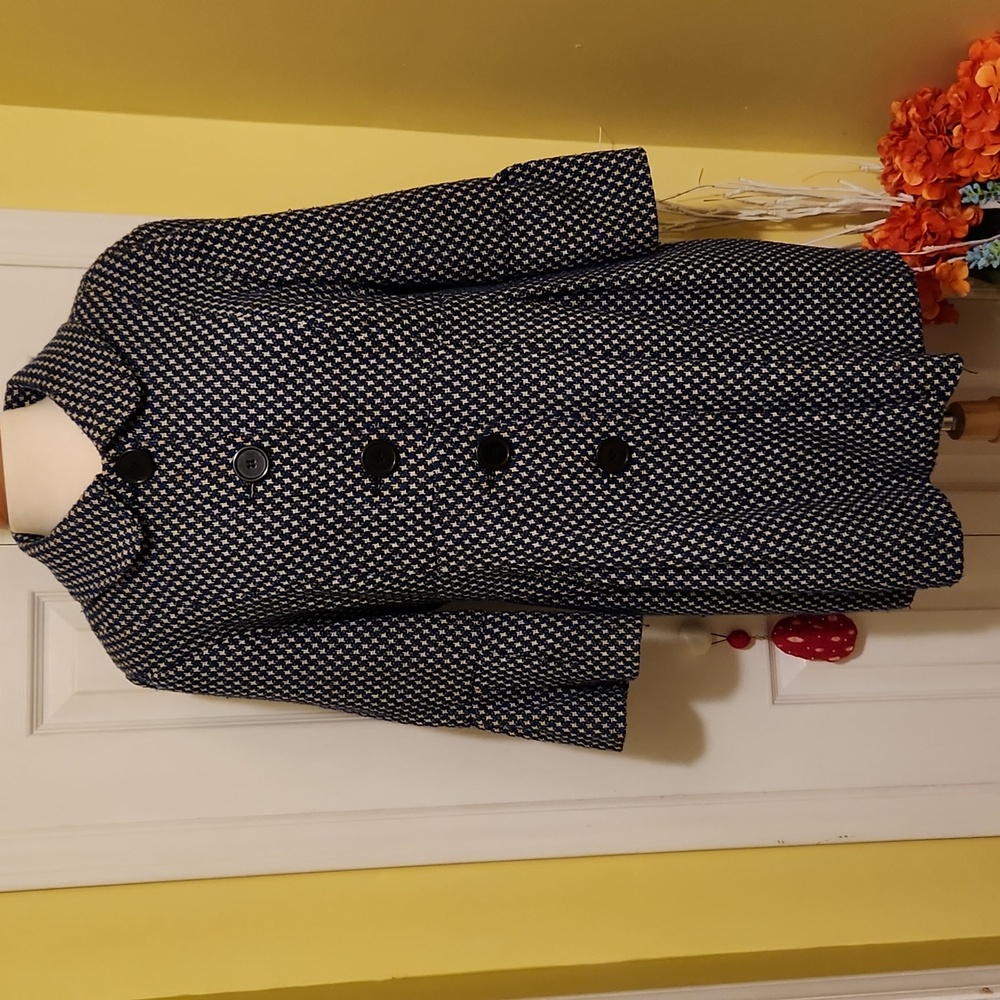 Vintage Blue and Black Tweed Lightweight Coat With Flounce Sleeve